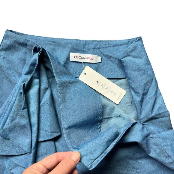 NWT Fashion Mia Womens S Ruffle Sided Pants Chambray High Waisted Blue Appr 28” - Picture 5 of 9